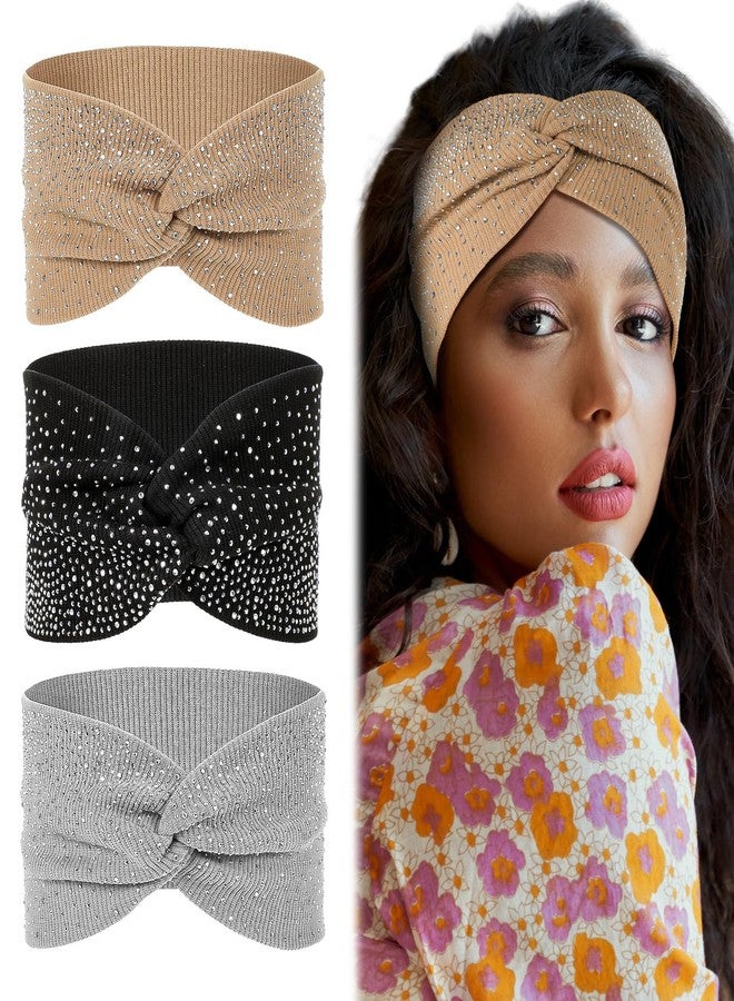 MBAIYO 3Pcs Sparkly Crystal Headband, Elastic Rhinestone Wide Headbands, Sparkly Crystal African Turban Wraps Stretchy Sequin Wide Head Wraps Sport Hair Bands for Women(Black Khaki Light Gray) - Image 1